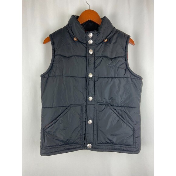 EUC True Religion World Tour Men’s L Black Snaps Full Zip Down Puffer Vest Biker - Picture 1 of 10